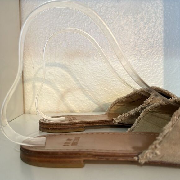 Stuart Weitzman Suede Crossover Slide Sandals Taupe Fringe Trim Minimalist - Picture 9 of 15
